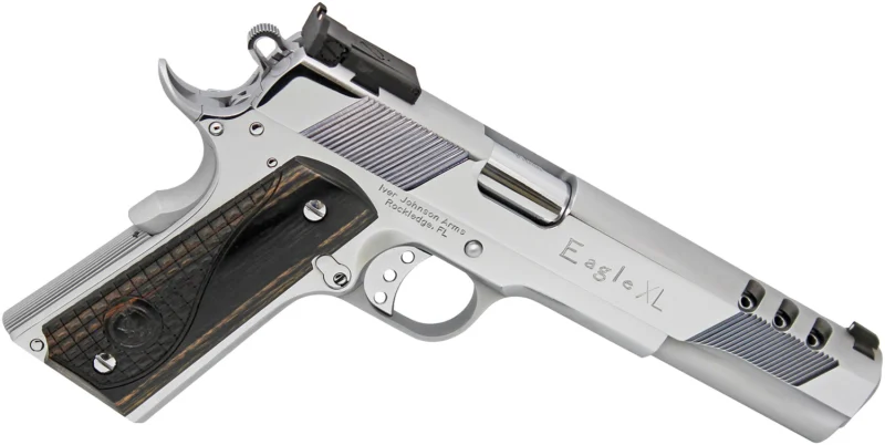 Iver Johnson Arms EAGLEXLC45 Eagle XL Deluxe 45 ACP 6" Steel Ported Barrel/ Bright Polish Chrome Serrated w/Ports Slide & Steel Frame w/Beavertail Diamondwood Walnut w/Integrated Logo Grips Right Hand