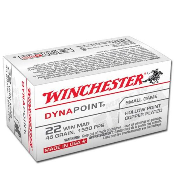 Winchester DynaPoint .22 Winchester Magnum Copper Plated Hollow Point, 45 Grain, 1550 fps, 50 Round Box