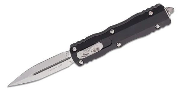 Microtech 225-10 Dirac AUTO OTF Knife 2.92" Stonewashed Double Edge Dagger Blade, Black Aluminum Handles