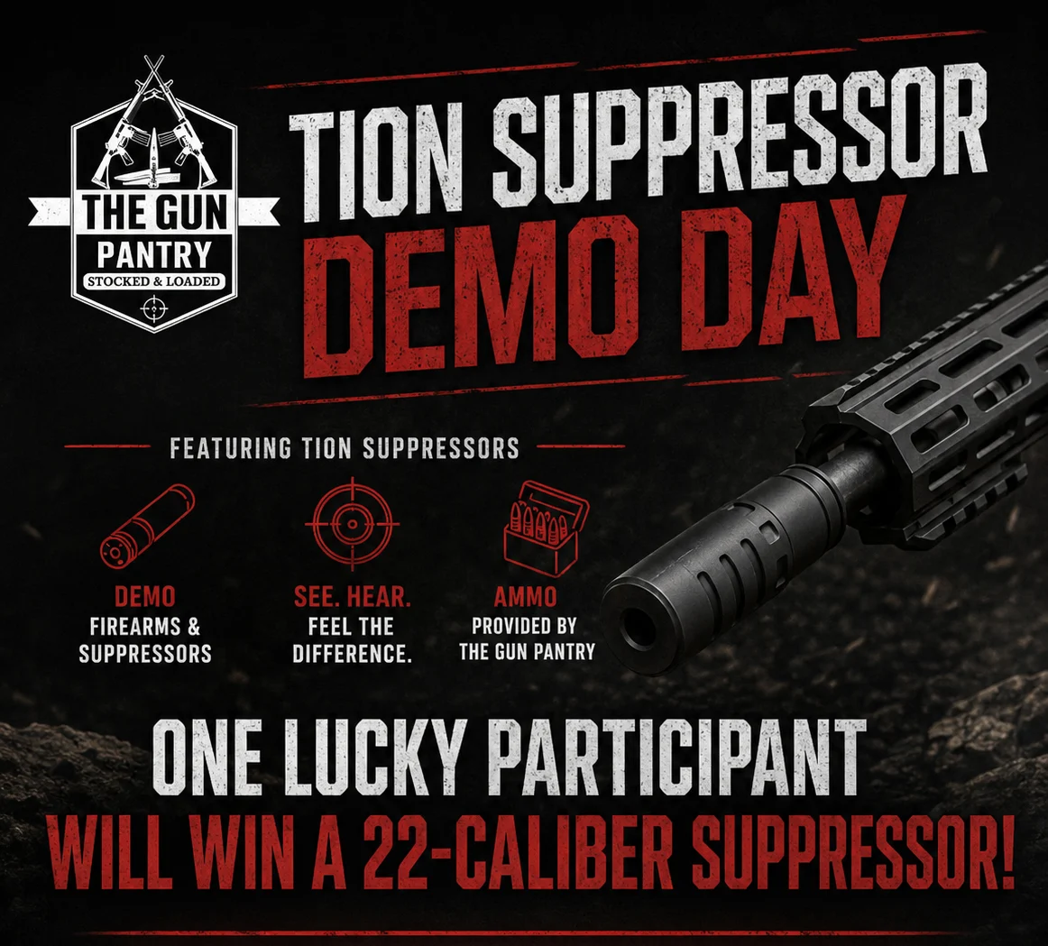 Tion Suppressor Demo Day at The Gun Pantry – Demo firearms and suppressors, see and hear the difference, with ammo provided. One lucky participant wins a 22-caliber suppressor.